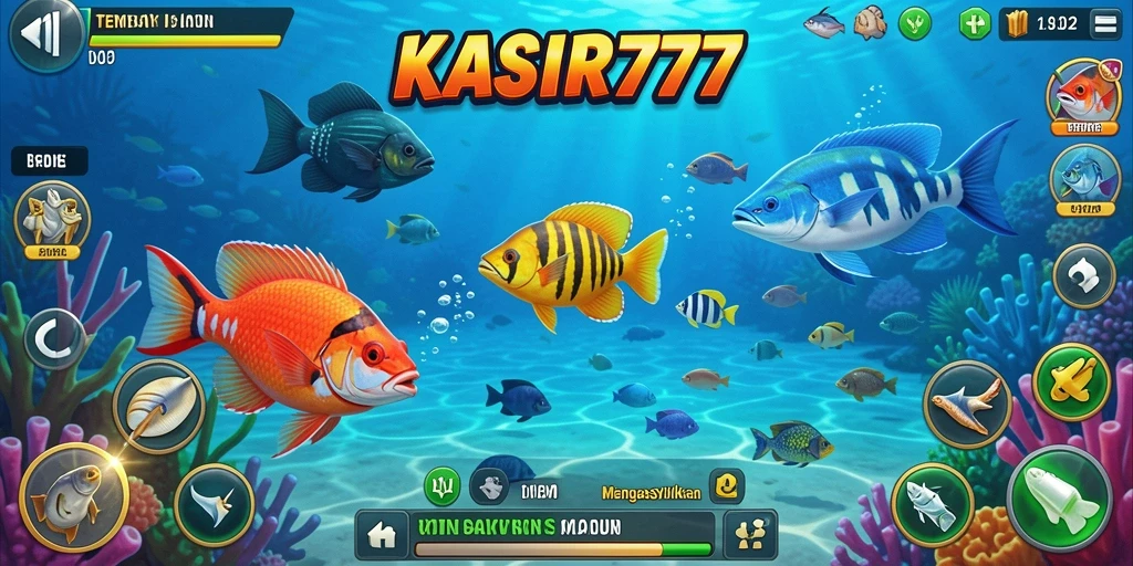 Tampilan gameplay KASIR777 dengan ikan berwarna-warni dan aksi menembak yang seru.